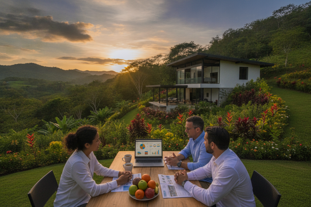 A photorealistic scene depicting a serene Costa Rican landscape showcasing smart real estate investment strategies. In the foreground, a diverse group of three professionals in modest business casual attire discuss plans over a table adorned with property brochures and a laptop displaying real estate statistics. The middle ground features a beautifully designed modern villa surrounded by lush greenery and tropical flowers, representing an attractive investment opportunity. In the background, a stunning view of rolling hills and a sunset sky casts warm, natural light over the scene, creating a tranquil and optimistic atmosphere. The angle captures both the property and the engaged professionals, reflecting a sense of collaboration and success in real estate investments. A photorealistic scene depicting a serene Costa Rican landscape showcasing smart real estate investment strategies. In the foreground, a diverse group of three professionals in modest business casual attire discuss plans over a table adorned with property brochures and a laptop displaying real estate statistics. The middle ground features a beautifully designed modern villa surrounded by lush greenery and tropical flowers, representing an attractive investment opportunity. In the background, a stunning view of rolling hills and a sunset sky casts warm, natural light over the scene, creating a tranquil and optimistic atmosphere. The angle captures both the property and the engaged professionals, reflecting a sense of collaboration and success in real estate investments.