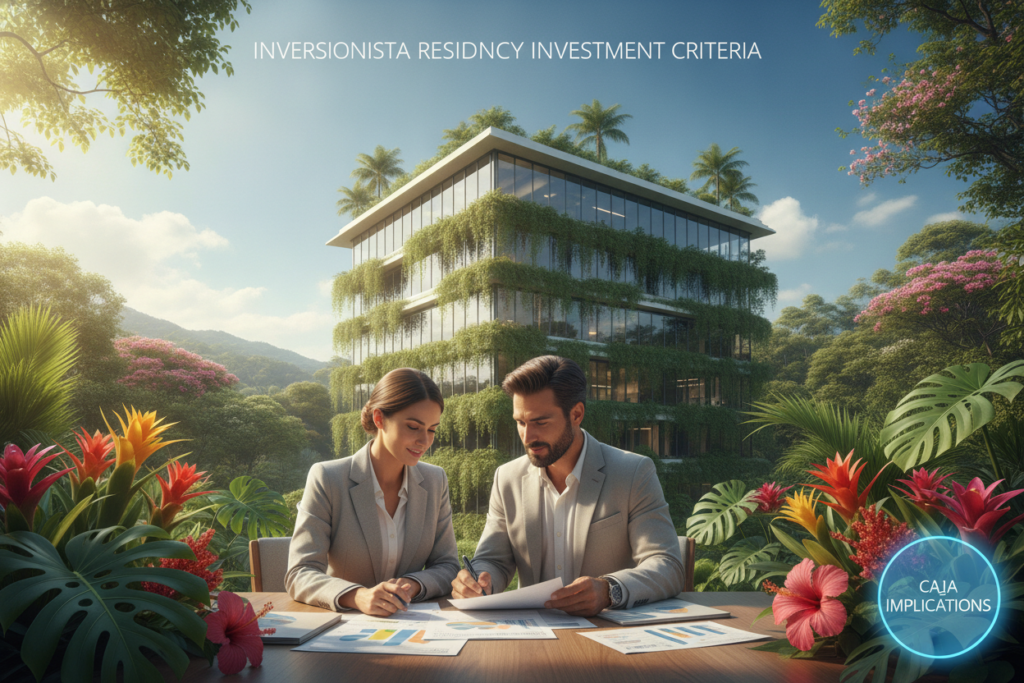 A photorealistic scene depicting a serene Costa Rican landscape that symbolizes the "Inversionista Residency Investment Criteria." In the foreground, a well-dressed professional couple examines a set of documents with graphs and charts detailing investment options, surrounded by tropical plants and vibrant flowers. In the middle ground, a modern office building blends seamlessly with lush greenery, hinting at the business aspect of residency. The background showcases a clear blue sky with soft, natural lighting illuminating the scene, creating an inviting and optimistic atmosphere. The lens should capture a slightly elevated angle, emphasizing the harmony between nature and investment opportunities in Costa Rica, ideal for conveying the benefits of residency and CAJA implications. A photorealistic scene depicting a serene Costa Rican landscape that symbolizes the "Inversionista Residency Investment Criteria." In the foreground, a well-dressed professional couple examines a set of documents with graphs and charts detailing investment options, surrounded by tropical plants and vibrant flowers. In the middle ground, a modern office building blends seamlessly with lush greenery, hinting at the business aspect of residency. The background showcases a clear blue sky with soft, natural lighting illuminating the scene, creating an inviting and optimistic atmosphere. The lens should capture a slightly elevated angle, emphasizing the harmony between nature and investment opportunities in Costa Rica, ideal for conveying the benefits of residency and CAJA implications.