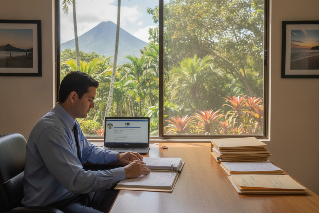 A photorealistic scene depicting a serene Costa Rican office environment dedicated to processing FBI background checks for residency. In the foreground, a focused professional in business attire reviews official documents at a sleek wooden desk, a laptop open with a digital form on the screen. Surrounding the desk, there are stacks of files neatly organized. In the middle ground, a large window provides a view of lush green palm trees and tropical plants under bright natural light, showcasing Costa Rica's vibrant biodiversity. The background features soft-focus images of Costa Rican landmarks like Arenal Volcano and serene beaches, enhancing the sense of place. The overall mood is calm, professional, and reassuring, embodying a sense of trust and support in navigating residency requirements.