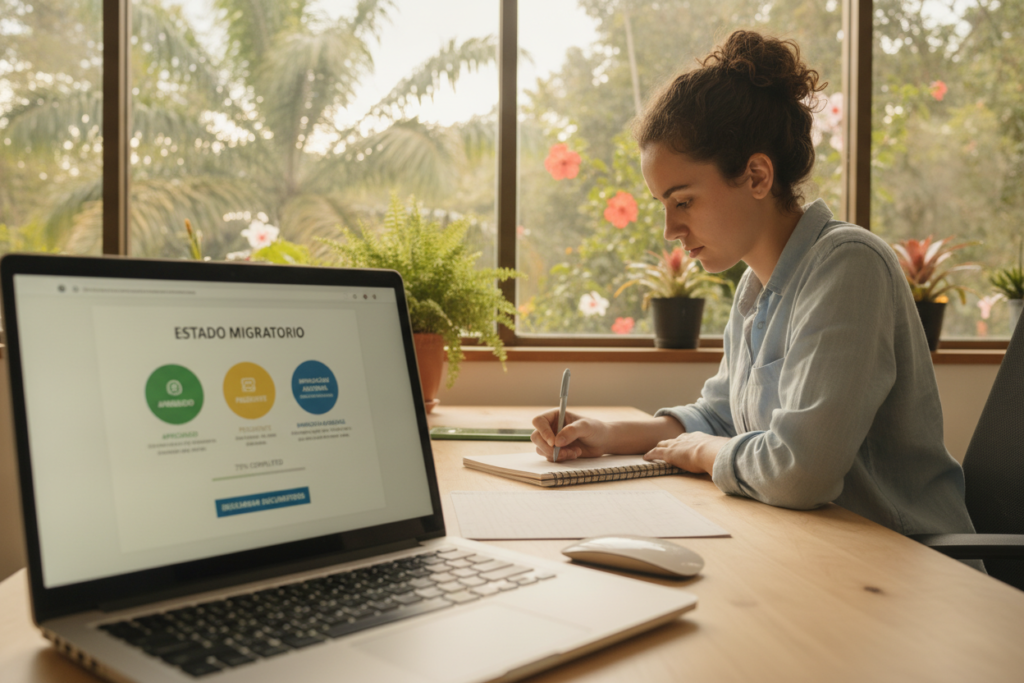 A photorealistic scene depicting a serene Costa Rican office environment, featuring an employee sitting at a desk with a laptop open, displaying a colorful immigration status webpage. The foreground includes a close-up of the screen, showcasing clear status messages with neutral designs. In the middle ground, the employee, casually dressed, is focused and taking notes on a notepad, conveying a sense of professionalism and engagement. The background reveals large windows with tropical plants outside, letting in natural light, enhancing the warmth of the scene. Soft shadows and a relaxed atmosphere evoke a mood of clarity and assurance, ideal for understanding immigration status. The angle is slightly tilted to capture both the employee's expression and the glowing screen, creating an inviting and informative visual narrative.