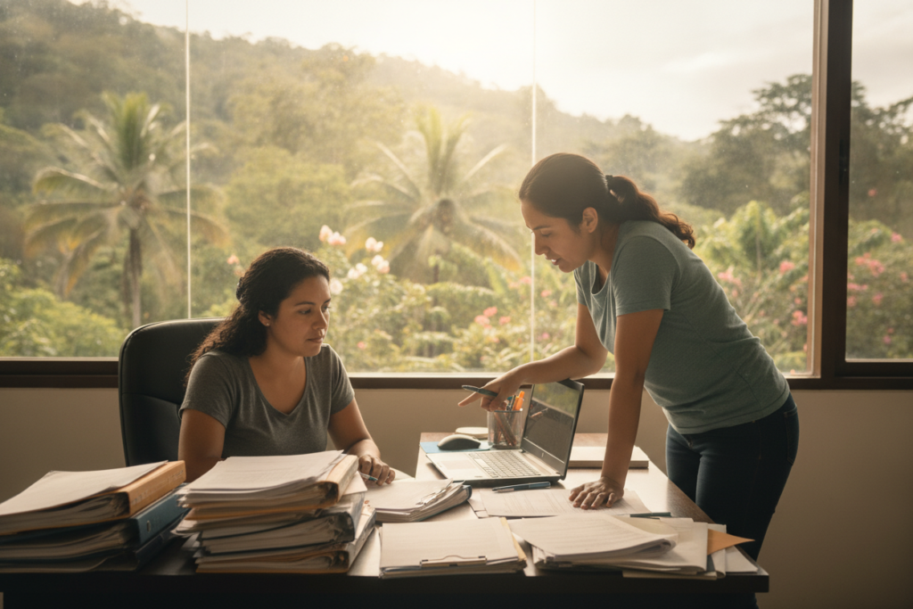 A photorealistic scene depicting a serene Costa Rican office environment focused on overcoming common application challenges. In the foreground, a modestly dressed woman examines documents at a desk littered with forms and a laptop, showcasing determination. The middle ground features a supportive colleague, also in casual attire, leaning in to offer assistance, symbolizing collaboration in navigating the application process. In the background, large windows reveal a lush green landscape typical of Costa Rica, filled with tropical plants and a bright, sunny sky that streams natural light into the space. The overall atmosphere is one of optimism and teamwork, enhanced by soft lighting that highlights their focused expressions. Capture the essence of a problem-solving mindset in a culturally rich setting.