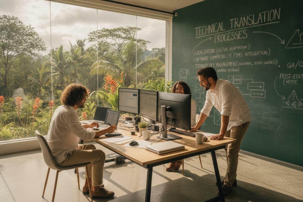 A photorealistic scene depicting a serene Costa Rican office environment focused on translation services. In the foreground, a diverse group of professionals in modest casual clothing are engaged in discussions over documents, with laptops and translation tools on a modern desk. In the middle ground, large windows allow natural light to flood the room, highlighting lush greenery outside. The background features a chalkboard with technical jargon related to translation processes like localization, software compatibility, and terminology management. The atmosphere is collaborative and focused, emphasizing the technical considerations in translation services. Soft shadows and warm lighting create an inviting mood, suggesting a productive workday.