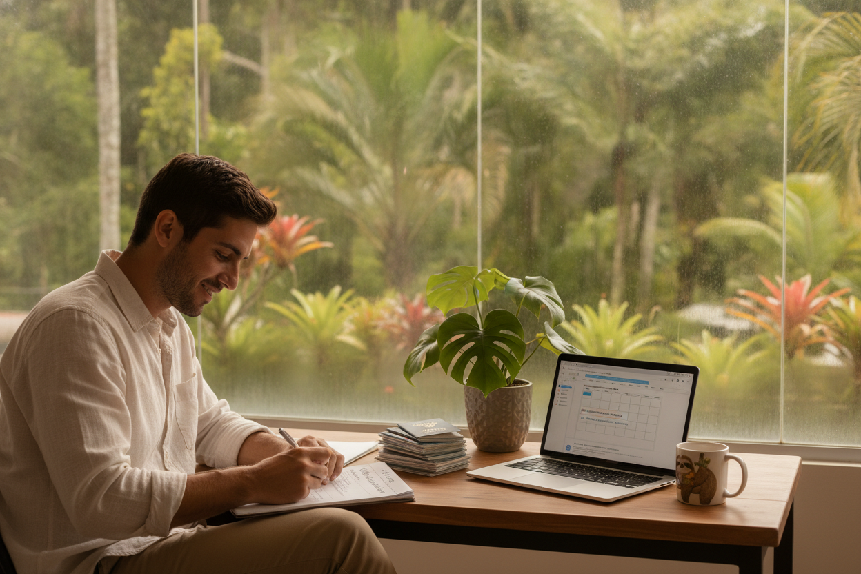 Working at a laptop in a Costa Rican setting