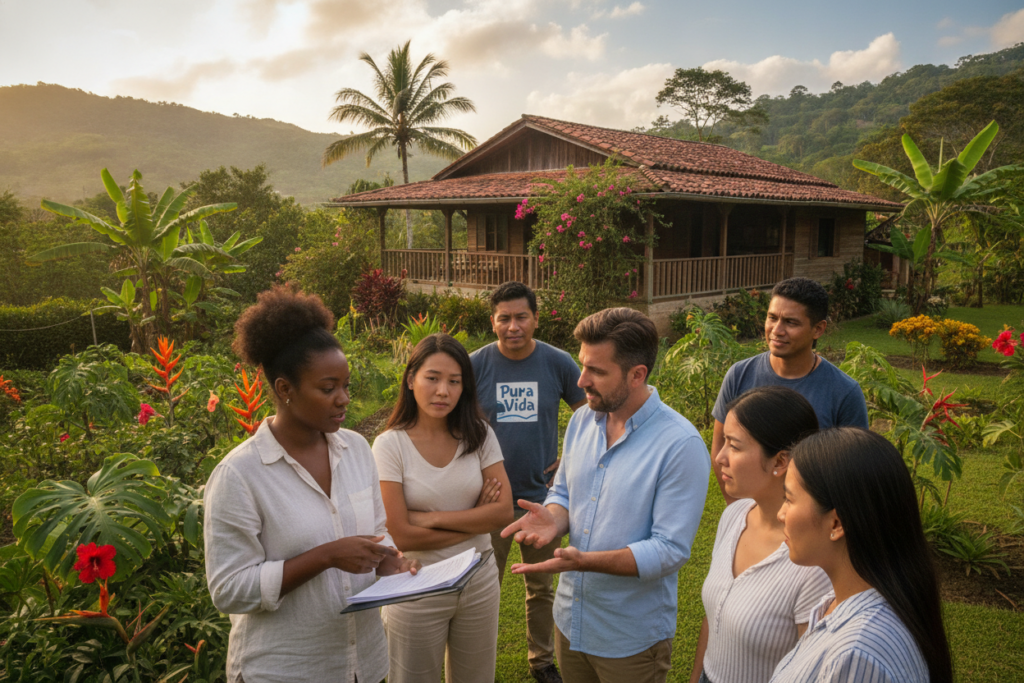 A photorealistic scene depicting a serene and inviting Costa Rican landscape, showcasing a diverse group of individuals of various ethnicities engaging in a candid conversation about residency application challenges. In the foreground, two casually dressed professionals hold documents and discuss, while a few others listen intently, expressing curiosity and concern. The middle ground features lush greenery and typical Costa Rican architecture, such as a charming wooden house surrounded by vibrant flowers and palm trees. The background reveals a clear blue sky with soft, natural lighting, creating a calm and contemplative atmosphere. Capture the essence of collaboration and real-life insights, highlighting the friendliness of the Costa Rican environment.