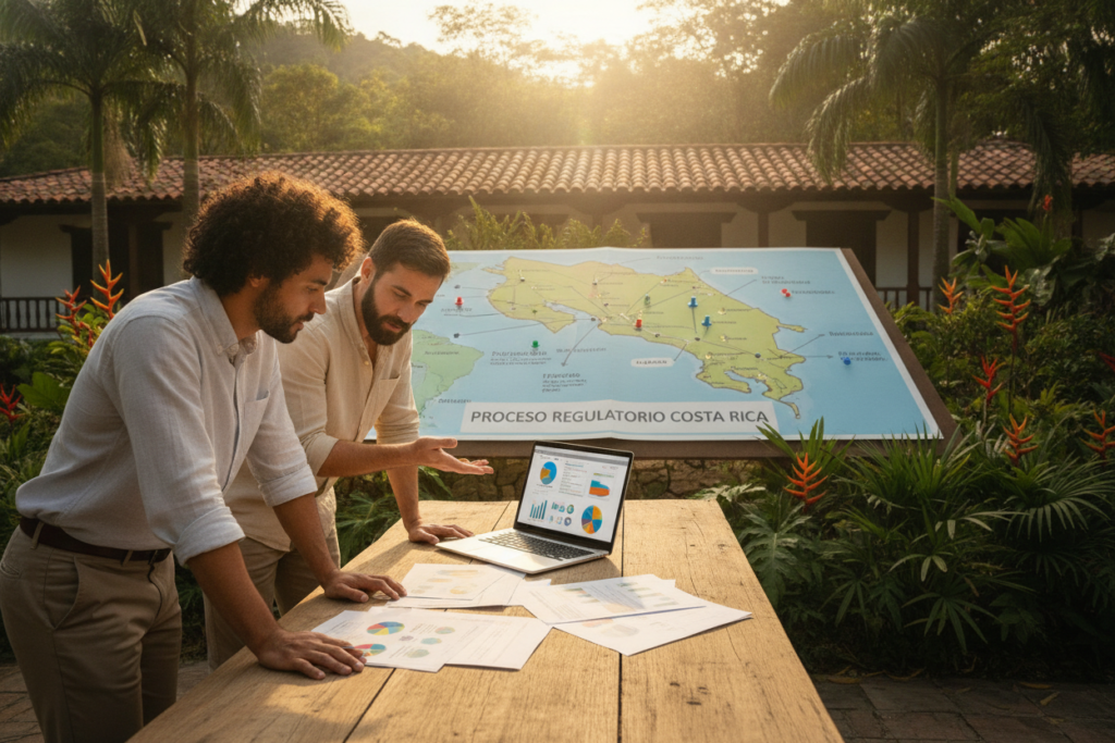 A photorealistic scene depicting a step-by-step process for business regulations in Costa Rica. In the foreground, a diverse group of three business professionals, casually dressed yet polished, are engaged in a discussion around a wooden table. They are analyzing documents and a laptop, showcasing a collaborative atmosphere. In the middle, a large map of Costa Rica is spread out, highlighting key cities and regulatory offices, featuring colorful pins and annotations that represent various stages of setting up a business. The background features lush tropical foliage and iconic Costa Rican architecture, bathed in warm natural light, creating an inviting and productive environment. The overall mood is focused yet relaxed, reflecting the friendly business landscape of Costa Rica for foreigners.