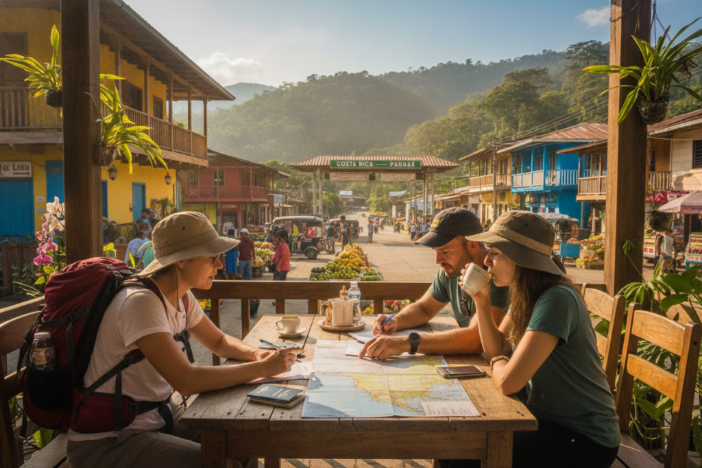 A photorealistic scene depicting a vibrant Costa Rican landscape, featuring a small group of casually dressed tourists engaging in discussions at an outdoor café near a busy border crossing. In the foreground, a wooden table with travel documents and a map spread out, capturing the essence of navigating visa regulations. The middle ground includes diverse flora, colorful local architecture, and a clear blue sky, enhancing the serene yet informative atmosphere. In the background, lush green hills and a distant view of the border control area symbolize the journey and regulations. Natural lighting pours down, creating a warm, inviting mood, with a slight lens blur to focus on the tourists and their discussions, perfectly illustrating the topic of tourist visa regulations in Costa Rica.