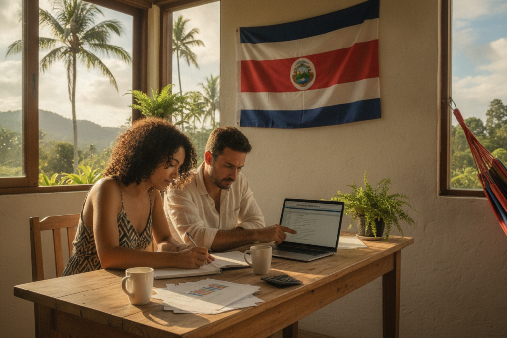 A photorealistic scene depicting a warm, inviting Costa Rican office environment focused on budgeting for residency fees. In the foreground, a casually dressed local couple sits at a wooden desk, reviewing documents and calculating costs. The woman is writing notes while the man examines a laptop displaying a budgeting spreadsheet. In the middle, a colorful Costa Rican flag is subtly draped on a nearby wall. In the background, large windows reveal lush greenery and a glimpse of the vibrant local landscape, filled with palm trees and tropical plants. Natural light pours in, creating a serene and productive atmosphere. The overall mood is one of focus and optimism, emphasizing the importance of financial planning in the residency process.