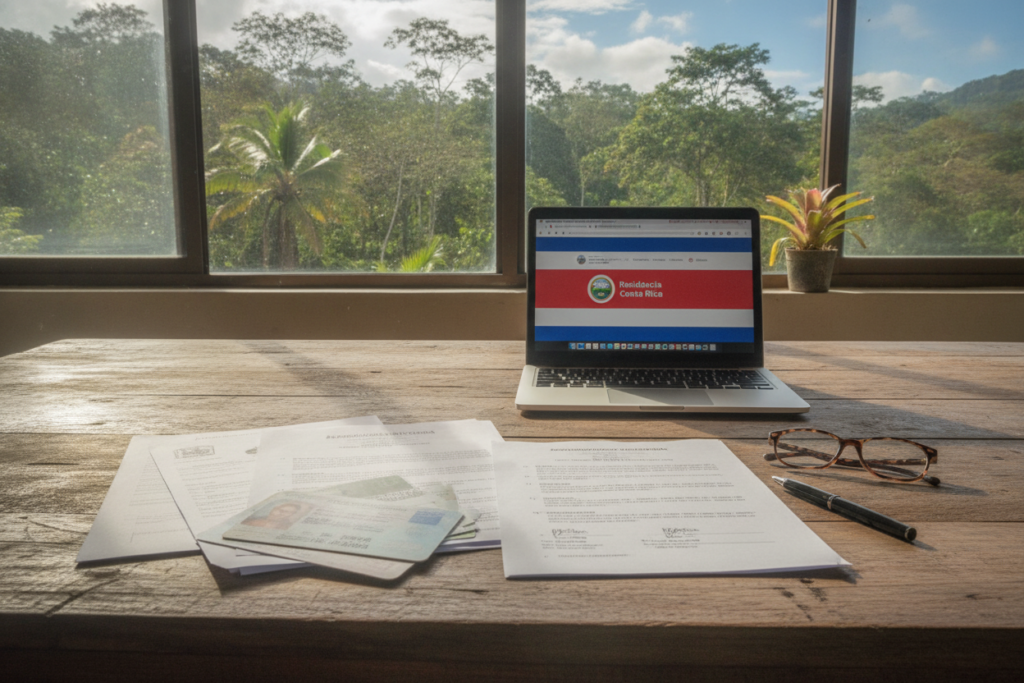 A photorealistic scene depicting a well-organized workspace reflecting the key documents for residency in Costa Rica. In the foreground, a neatly arranged stack of important paperwork, including application forms, marriage certificates, and identification documents, lies on a rustic wooden table. A pair of reading glasses and a pen rest beside the documents, suggesting recent activity. In the middle ground, a laptop displays a colorful Costa Rican flag wallpaper, symbolizing the focus on residency. The background features a serene view of Costa Rica's lush greenery through a window, with soft, natural light spilling in, creating a warm and inviting atmosphere. The overall mood is professional yet relaxed, emphasizing clarity and preparation. A photorealistic scene depicting a well-organized workspace reflecting the key documents for residency in Costa Rica. In the foreground, a neatly arranged stack of important paperwork, including application forms, marriage certificates, and identification documents, lies on a rustic wooden table. A pair of reading glasses and a pen rest beside the documents, suggesting recent activity. In the middle ground, a laptop displays a colorful Costa Rican flag wallpaper, symbolizing the focus on residency. The background features a serene view of Costa Rica's lush greenery through a window, with soft, natural light spilling in, creating a warm and inviting atmosphere. The overall mood is professional yet relaxed, emphasizing clarity and preparation.