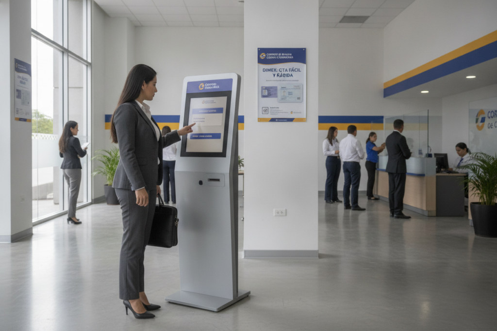 A photorealistic scene depicting a woman in professional business attire, standing beside a digital kiosk in a well-lit, modern office environment of Correos de Costa Rica. In the foreground, she is focused on selecting appointment options for a DIMEX card update on a touchscreen display. In the middle background, other individuals are seen interacting with staff at reception desks, and informative posters about DIMEX card services adorn the walls. Daylight filters through large windows, casting soft shadows and creating a welcoming atmosphere. A sense of organization and efficiency fills the space as people maneuver through the appointment process, reflecting the theme of navigating appointments with ease. The perspective captures the scene as if from eye level, drawing the viewer into the experience.