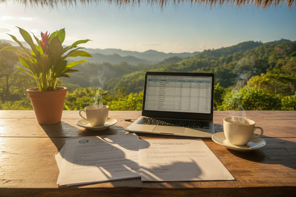 A photorealistic scene depicting a wooden table outdoors under natural sunlight in Costa Rica, featuring essential documentation and income proof materials. In the foreground, a neatly organized stack of official documents, including a bank statement and a pension letter, along with a laptop displaying a digital spreadsheet. In the middle, a tropical plant adds a touch of greenery, while ceramic coffee cups steam gently beside the paperwork, suggesting a relaxed atmosphere. In the background, lush hillsides and a clear blue sky characterize the natural beauty of Costa Rica. The light is soft and warm, creating an inviting and professional ambiance. A photorealistic scene depicting a wooden table outdoors under natural sunlight in Costa Rica, featuring essential documentation and income proof materials. In the foreground, a neatly organized stack of official documents, including a bank statement and a pension letter, along with a laptop displaying a digital spreadsheet. In the middle, a tropical plant adds a touch of greenery, while ceramic coffee cups steam gently beside the paperwork, suggesting a relaxed atmosphere. In the background, lush hillsides and a clear blue sky characterize the natural beauty of Costa Rica. The light is soft and warm, creating an inviting and professional ambiance.