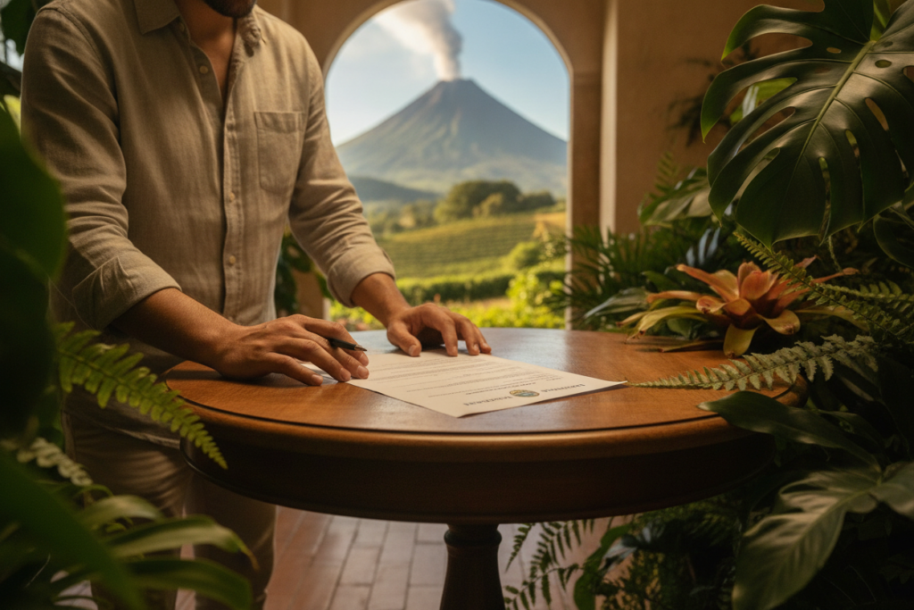 A photorealistic scene depicting a work permit document for Costa Rica resting on a wooden table surrounded by lush, tropical plants. In the foreground, the document is detailed with official stamps and a clear depiction of Costa Rica’s national emblem. The middle ground features a professional individual casually dressed in light clothing, focused on reviewing the permit, displaying a sense of purpose and determination. Soft natural lighting filters through the greenery, creating a warm, inviting atmosphere. In the background, hints of Costa Rica's iconic landscape, perhaps a glimpse of a volcano or coffee plantation, add depth and context to the image. The overall mood is vibrant and optimistic, emphasizing the importance of the work permit for those seeking opportunities in Costa Rica.