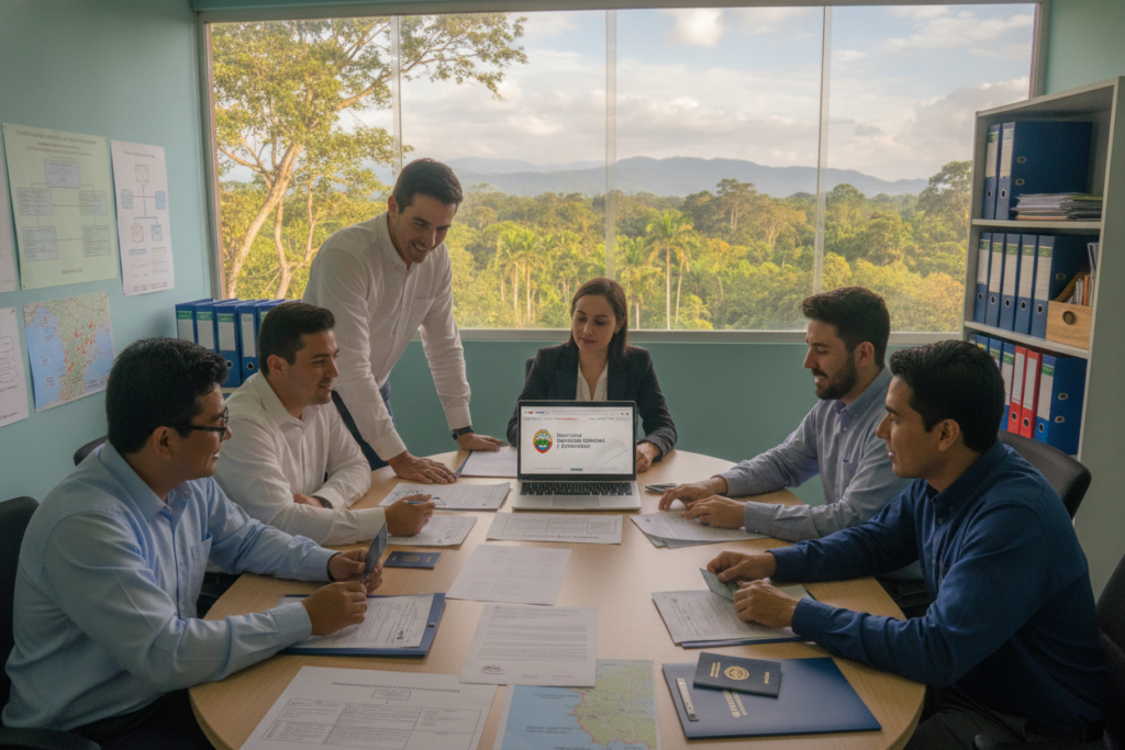 A photorealistic scene depicting an office environment focused on navigating documentation and consular processes in Costa Rica. In the foreground, a diverse group of casually dressed professionals collaborates at a round table, analyzing various immigration documents and forms. The middle ground features an array of organized paperwork, including charts and maps of Costa Rica, with a laptop displaying an official website. A large window in the background lets in warm natural light, showcasing a view of lush greenery typical of Costa Rican landscapes. The atmosphere is professional yet relaxed, emphasizing collaboration and clarity in the immigration process, aimed at providing guidance and support for individuals seeking certification.