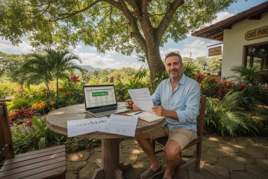 A photorealistic scene depicting an open laptop displaying a digital bank statement, surrounded by documents illustrating financial stability, on a wooden table set outside a charming Costa Rican café. In the foreground, a casually dressed individual, focused and engaged, reviews the documents with a warm smile, seated under a vibrant tropical tree. The middle ground features lush greenery and colorful flowers reflecting the country's biodiversity, while the background showcases a bright blue sky with gentle clouds. Natural sunlight filters through the leaves, creating a soft, inviting atmosphere. The composition emphasizes the importance of financial preparation for visitors to Costa Rica, capturing a serene and hopeful mood. A photorealistic scene depicting an open laptop displaying a digital bank statement, surrounded by documents illustrating financial stability, on a wooden table set outside a charming Costa Rican café. In the foreground, a casually dressed individual, focused and engaged, reviews the documents with a warm smile, seated under a vibrant tropical tree. The middle ground features lush greenery and colorful flowers reflecting the country's biodiversity, while the background showcases a bright blue sky with gentle clouds. Natural sunlight filters through the leaves, creating a soft, inviting atmosphere. The composition emphasizes the importance of financial preparation for visitors to Costa Rica, capturing a serene and hopeful mood.