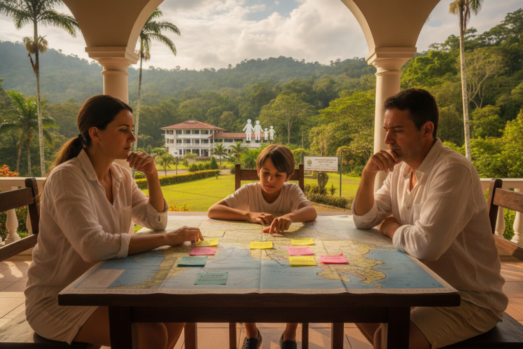 A photorealistic scene depicting common challenges in the Costa Rica residency process for stepchildren. In the foreground, a close-up of a concerned family, casually dressed in light clothing, displaying emotions of contemplation and uncertainty. In the middle ground, a map of Costa Rica with various sticky notes illustrating residency requirements and challenges, such as “documentation” and “processing time.” In the background, lush green Costa Rican landscapes with hints of bureaucracy, such as a distant government office building under natural lighting. The mood is slightly tense yet hopeful, conveying the journey of navigating residency. Capture the essence of Costa Rica with vibrant colors, soft shadows, and a warm atmosphere that invites the viewer into this unique process.