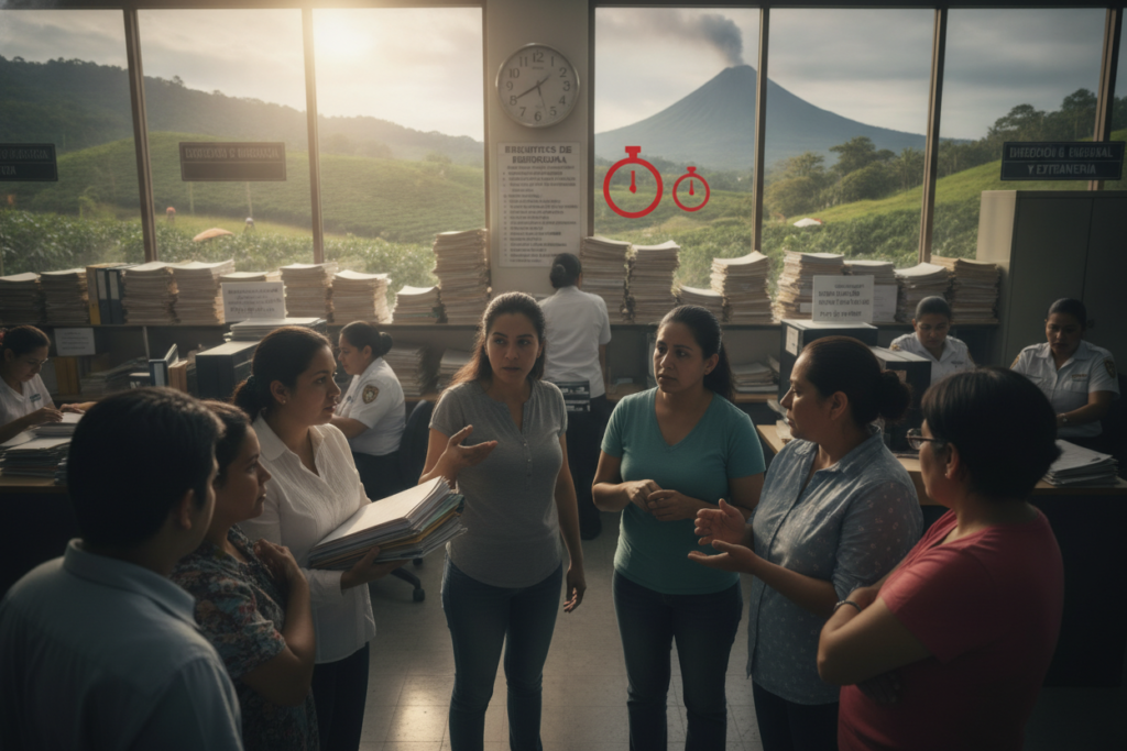 A photorealistic scene depicting common challenges in the Costa Rica residency process. In the foreground, a diverse group of parents, dressed in modest casual clothing, are engaged in discussion, with expressions of concern and determination. The middle ground features a bustling immigration office filled with paperwork, signs in Spanish, and a clock displaying time pressure. In the background, lush Costa Rican tropical greenery and iconic elements like a coffee plantation and a volcano can be seen, symbolizing hope and challenges intertwined. The lighting is natural, with soft sunlight filtering through the office window, creating a warm, inviting atmosphere. The angle is slightly tilted downward, providing an intimate view into the challenges faced by these families. The overall mood conveys persistence in overcoming obstacles within the residency journey.