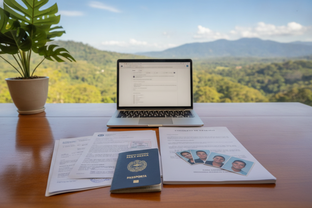 A photorealistic scene depicting essential document requirements for work permit renewal in Costa Rica. In the foreground, a neatly arranged collection of crucial documents, including a passport, work contract, and recent photographs, are placed on a wooden table. The middle ground features a casual workspace with a laptop and a potted tropical plant, adding a touch of Costa Rican nature. In the background, a soft-focus view of a sunny Costa Rican landscape with lush greenery and gentle mountains under a clear blue sky. The scene is illuminated by natural light streaming through a nearby window, creating a warm and inviting atmosphere. Aim for a clean and organized look to reflect professionalism without any text or captions.