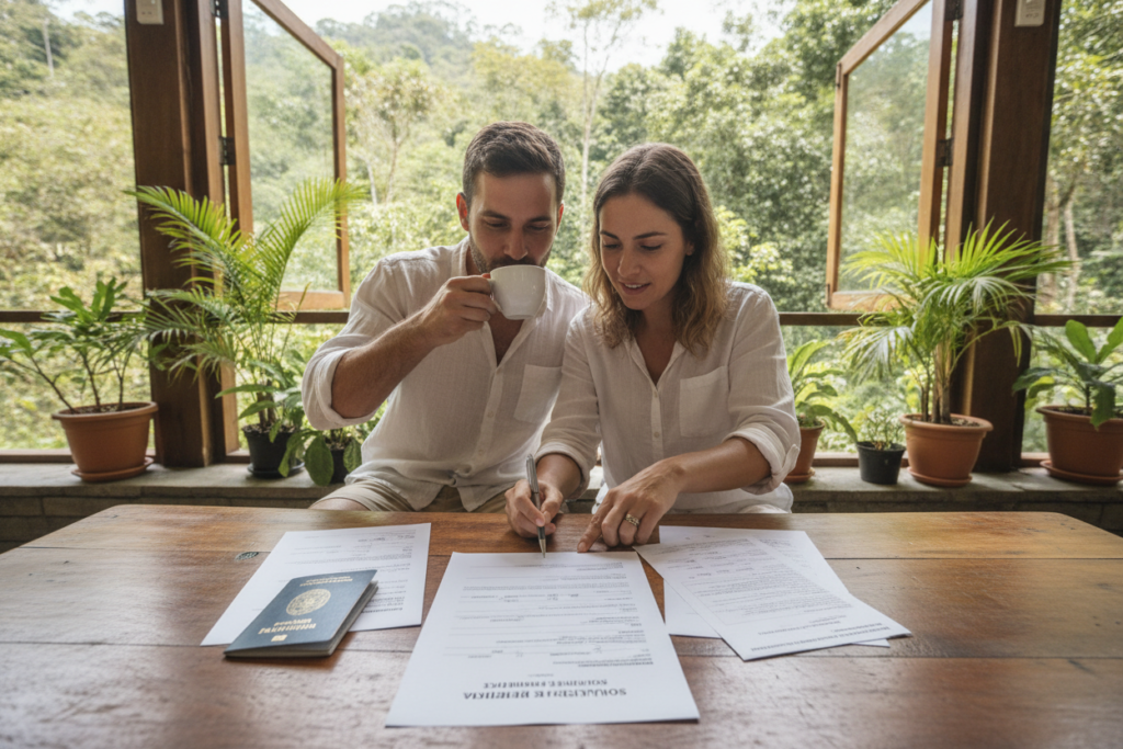 A photorealistic scene depicting essential documentation for residency applications showcased on a rustic wooden table in a bright, airy Costa Rican cafe. In the foreground, neatly arranged documents like a Costa Rican residency application form, identification papers, and proofs of relationship; each document clearly visible. The middle ground features a casually dressed couple—one partner holding a cup of coffee while the other reviews the paperwork, both conveying a sense of determination and hope. The background reveals lush tropical plants, sunlight streaming through large windows, creating a warm and inviting atmosphere. The scene is captured with natural lighting, emphasizing vibrant colors, and a depth of field that softly blurs the background while keeping the documents and the couple in sharp focus.
