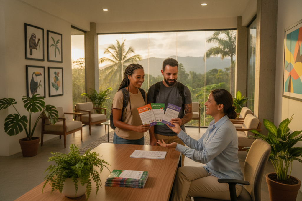 A photorealistic scene depicting the CRIE (Centro de Recursos de Inmigración en Extranjería) in Costa Rica as a welcoming hub for expats seeking residency and immigration guidance. In the foreground, a friendly consultant, casually dressed, engages in a conversation with a diverse couple who appear relieved and hopeful, surrounded by informational brochures about residency options. The middle ground features a bright, inviting office space adorned with plants and Costa Rican artwork, emphasizing a warm atmosphere. In the background, large windows showcase a lush tropical landscape, bathing the scene in natural light. The overall mood is supportive and professional, conveying a sense of trust and community for those navigating their residency journey in Costa Rica.