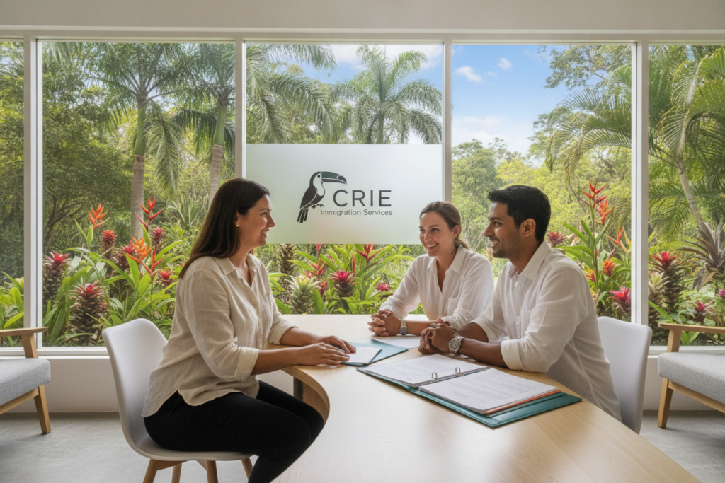 A photorealistic scene depicting the CRIE Immigration Services office in Costa Rica, set against a backdrop of lush tropical greenery and colorful flora characteristic of the region. In the foreground, a friendly immigration consultant in smart casual attire is engaging with a diverse couple, helping them navigate residency paperwork. The middle ground features the sleek, modern design of the CRIE office, with large windows allowing natural light to flood the space. In the background, palm trees and a clear blue sky enhance the inviting atmosphere. The mood conveys professionalism and warmth, emphasizing the supportive role of CRIE in facilitating residency matters in Costa Rica. Use soft natural lighting to create an approachable and inspiring environment.