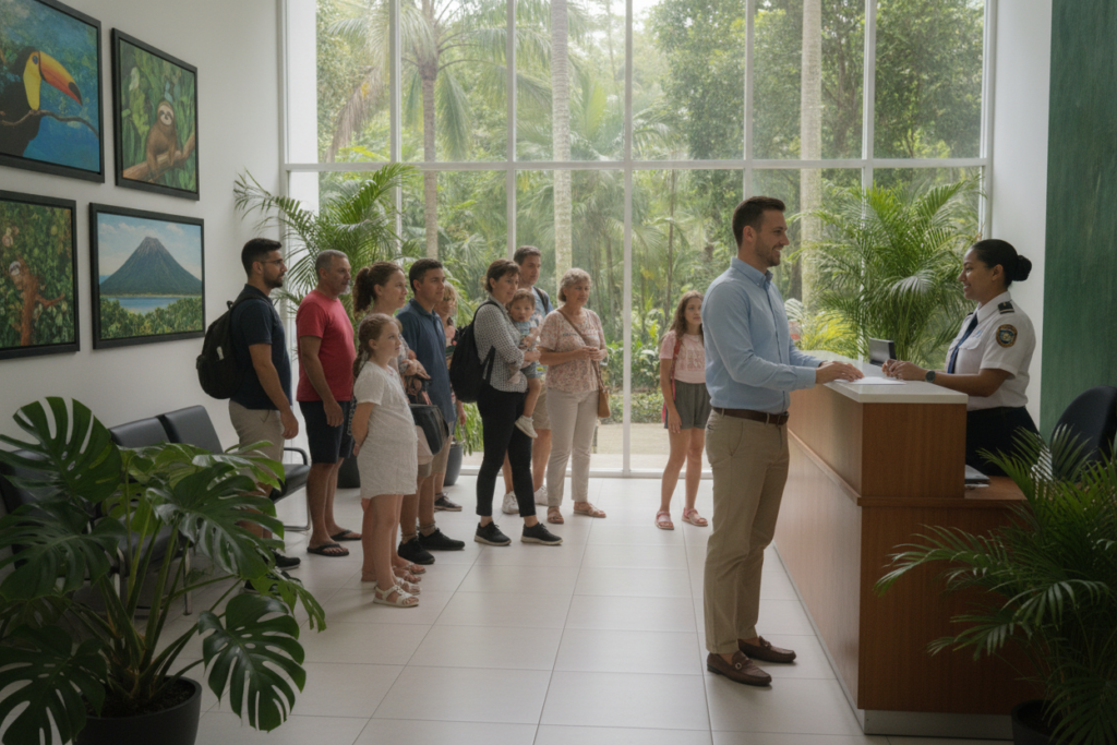 A photorealistic scene depicting the Costa Rica Immigration Bureau. In the foreground, a casually dressed individual, wearing smart casual attire, stands at a reception desk interacting with a friendly immigration officer behind the counter, who is dressed in professional attire. The middle ground features a line of diverse individuals waiting patiently in the well-lit, modern office filled with Costa Rican decor and green plants, creating an inviting atmosphere. In the background, large windows allow natural light to flood the space, highlighting a tropical garden outside. The overall mood is hopeful and organized, reflecting a sense of clarity and support for those navigating the immigration process in Costa Rica. The angle is slightly elevated to capture the interactions clearly, with a focus on warmth and professionalism. A photorealistic scene depicting the Costa Rica Immigration Bureau. In the foreground, a casually dressed individual, wearing smart casual attire, stands at a reception desk interacting with a friendly immigration officer behind the counter, who is dressed in professional attire. The middle ground features a line of diverse individuals waiting patiently in the well-lit, modern office filled with Costa Rican decor and green plants, creating an inviting atmosphere. In the background, large windows allow natural light to flood the space, highlighting a tropical garden outside. The overall mood is hopeful and organized, reflecting a sense of clarity and support for those navigating the immigration process in Costa Rica. The angle is slightly elevated to capture the interactions clearly, with a focus on warmth and professionalism.