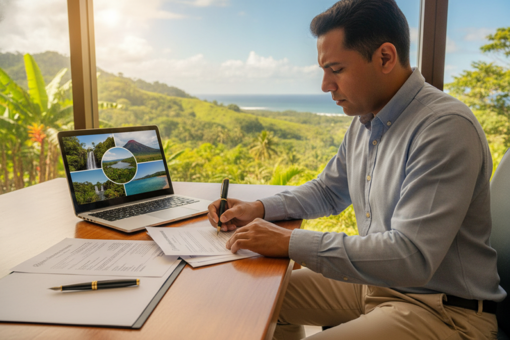 A photorealistic scene depicting the Costa Rica residency process for executives and managers. In the foreground, a well-organized desk with important documents, a pen, and a laptop showcasing images of Costa Rica. In the middle ground, a professional, casually dressed individual, focused on filling out forms, illuminated by soft natural light coming through a nearby window that reveals lush green foliage outside. The background features a peaceful Costa Rican landscape with gentle hills and palm trees under a bright blue sky, creating a feel of tranquility and professionalism. The overall atmosphere conveys a sense of diligence and optimism, encapsulating the journey of obtaining residency. A photorealistic scene depicting the Costa Rica residency process for executives and managers. In the foreground, a well-organized desk with important documents, a pen, and a laptop showcasing images of Costa Rica. In the middle ground, a professional, casually dressed individual, focused on filling out forms, illuminated by soft natural light coming through a nearby window that reveals lush green foliage outside. The background features a peaceful Costa Rican landscape with gentle hills and palm trees under a bright blue sky, creating a feel of tranquility and professionalism. The overall atmosphere conveys a sense of diligence and optimism, encapsulating the journey of obtaining residency.