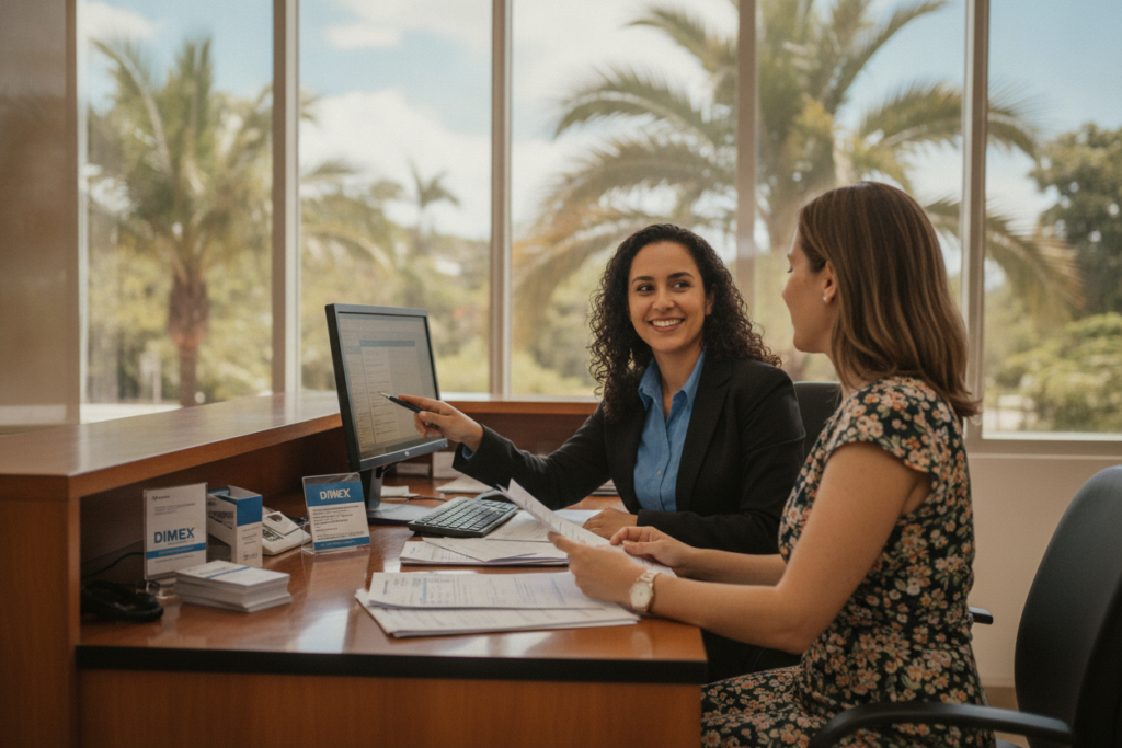 A photorealistic scene depicting the DIMEX card replacement and renewal process, set in a bright and welcoming Costa Rican government office. In the foreground, a customer service representative, dressed in professional attire, assists a customer at the counter, highlighting the personal interaction of the process. The middle ground features a cluttered yet organized desk with documents, a computer, and sample DIMEX cards, emphasizing the administrative aspect. In the background, large windows allow natural light to flood the space, showing palm trees swaying outside, creating a relaxed tropical atmosphere. The mood is calm and efficient, reflecting a supportive environment for those needing to renew or replace their DIMEX cards. Soft lighting enhances the professionalism of the setting while maintaining a friendly vibe.