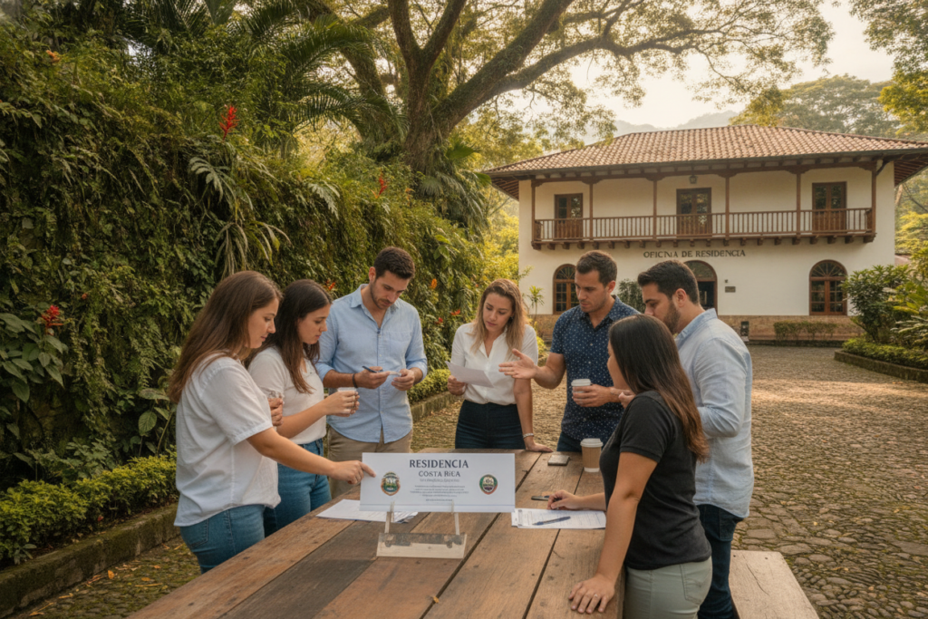 A photorealistic scene depicting the Residency Framework in Costa Rica. In the foreground, a diverse group of professional individuals casually dressed, engaged in a discussion over a document bearing Costa Rican residency information. The middle ground features lush greenery typical of Costa Rica, symbolizing its vibrant nature, with a backdrop of a quaint, colonial-style government building representing residency offices. Soft, natural lighting filters through the trees, creating a warm, inviting atmosphere. The angle is slightly elevated to provide a clear view of the group and the building while maintaining the natural landscape. The overall mood is collaborative, focused, and informative, reflecting the essence of understanding residency requirements in Costa Rica.