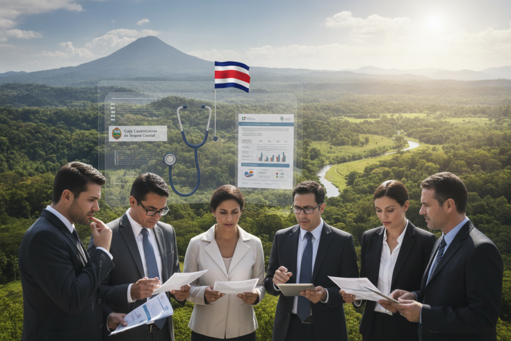 A photorealistic scene depicting the benefits and coverage provided by Caja in Costa Rica. In the foreground, show a diverse group of professional individuals in business attire, discussing health care benefits with focused expressions. In the middle ground, illustrate symbols of coverage such as a stethoscope, health insurance forms, and a Costa Rican flag subtly integrated into the background. The backdrop features a vibrant Costa Rican landscape with lush greenery and clear skies illuminated by natural light, creating an optimistic atmosphere. Use a slight depth of field to emphasize the group while softening the background, capturing the essence of community and support that Caja offers. A photorealistic scene depicting the benefits and coverage provided by Caja in Costa Rica. In the foreground, show a diverse group of professional individuals in business attire, discussing health care benefits with focused expressions. In the middle ground, illustrate symbols of coverage such as a stethoscope, health insurance forms, and a Costa Rican flag subtly integrated into the background. The backdrop features a vibrant Costa Rican landscape with lush greenery and clear skies illuminated by natural light, creating an optimistic atmosphere. Use a slight depth of field to emphasize the group while softening the background, capturing the essence of community and support that Caja offers.