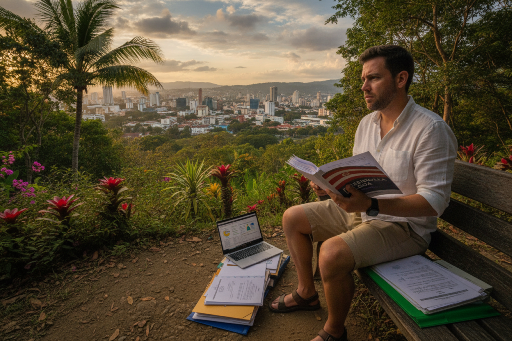 A photorealistic scene depicting the confusion and frustration of a person facing issues due to choosing the wrong residency category in Costa Rica. In the foreground, a casually dressed individual with a concerned expression holds a stack of documents, including residency papers and a Costa Rican flag, symbolizing their dilemma. In the middle ground, a tropical landscape typical of Costa Rica with vibrant greenery and a hint of a bustling city in the background. The lighting is warm and natural, creating an inviting atmosphere. The angle captures the individual looking towards the distant city, suggesting uncertainty about their future. Overall, the mood reflects the challenges and implications of residency choices in a beautiful yet complex environment. A photorealistic scene depicting the confusion and frustration of a person facing issues due to choosing the wrong residency category in Costa Rica. In the foreground, a casually dressed individual with a concerned expression holds a stack of documents, including residency papers and a Costa Rican flag, symbolizing their dilemma. In the middle ground, a tropical landscape typical of Costa Rica with vibrant greenery and a hint of a bustling city in the background. The lighting is warm and natural, creating an inviting atmosphere. The angle captures the individual looking towards the distant city, suggesting uncertainty about their future. Overall, the mood reflects the challenges and implications of residency choices in a beautiful yet complex environment.