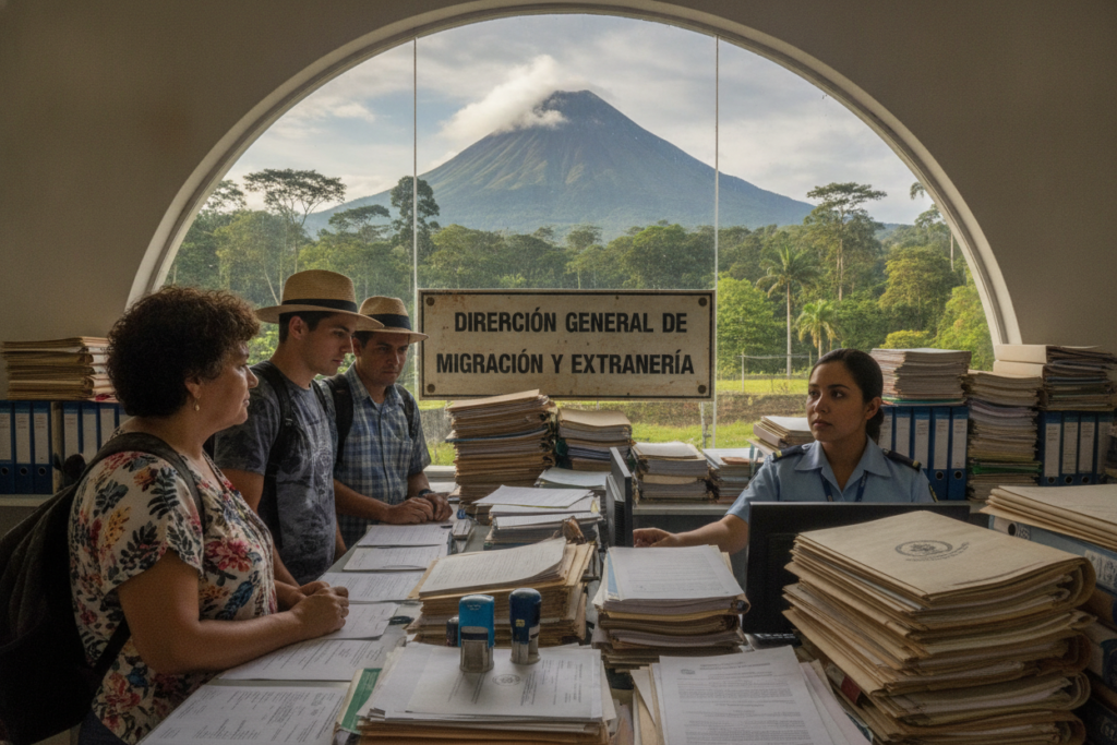 A photorealistic scene depicting the legal and administrative hurdles faced during Costa Rica residency applications. In the foreground, a diverse group of people, including a middle-aged woman and a young man, are engaged in a discussion with a government official at an immigration office counter, dressed in modest casual attire. The middle ground features stacks of paperwork and official stamps, symbolizing bureaucracy. In the background, a Costa Rican landscape with lush greenery and an iconic volcano rises under soft, natural lighting, creating a sense of beauty contrasted with the frustration of the application process. The mood is contemplative and slightly tense, reflecting the challenges of immigration. Use a wide-angle lens to capture the depth of the scene. A photorealistic scene depicting the legal and administrative hurdles faced during Costa Rica residency applications. In the foreground, a diverse group of people, including a middle-aged woman and a young man, are engaged in a discussion with a government official at an immigration office counter, dressed in modest casual attire. The middle ground features stacks of paperwork and official stamps, symbolizing bureaucracy. In the background, a Costa Rican landscape with lush greenery and an iconic volcano rises under soft, natural lighting, creating a sense of beauty contrasted with the frustration of the application process. The mood is contemplative and slightly tense, reflecting the challenges of immigration. Use a wide-angle lens to capture the depth of the scene.