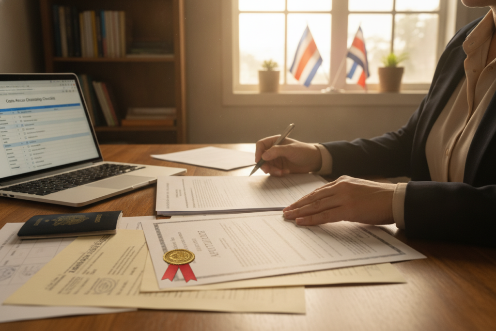 A photorealistic scene depicting the preparation of a Costa Rican citizenship document. In the foreground, a well-organized desk filled with essential items: a passport, birth certificates, an apostille document with a rich gold seal, and translations scattered among the papers. A laptop is open, displaying a digital checklist of required documents. In the middle, a pair of hands, wearing professional yet modest attire, are meticulously compiling these documents. The background features a cozy home office with natural light streaming through a window adorned with Costa Rican flags, highlighting the importance of lineage and heritage. The atmosphere is focused and productive, evoking a sense of diligence and hope for successful citizenship.