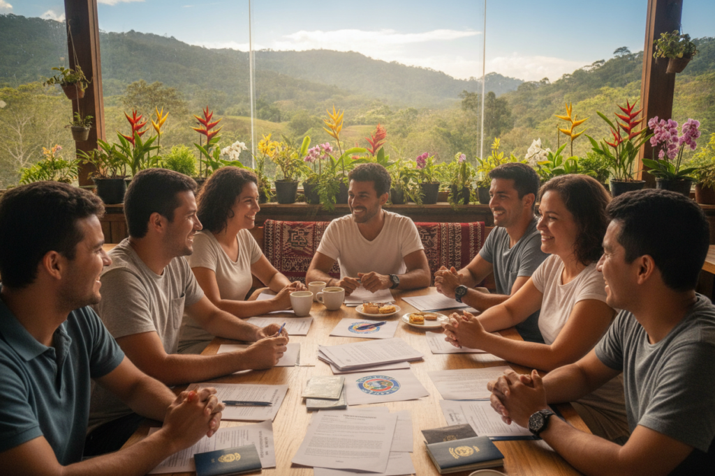 A photorealistic scene depicting the requirements for residency in Costa Rica, specifically for parents of Costa Rican children. In the foreground, a diverse group of casually dressed individuals (parents) of various ethnicities, smiling and engaged in conversation, with resume papers, identification documents, and Costa Rican paperwork laid out on a table. In the middle ground, a cozy Costa Rican café with lush greenery and vibrant tropical flowers, reflecting the country's natural beauty. The background features a serene view of Costa Rican hills under soft, natural sunlight, showcasing a clear blue sky. The overall mood is warm, welcoming, and encouraging, evoking a sense of community and support among families.