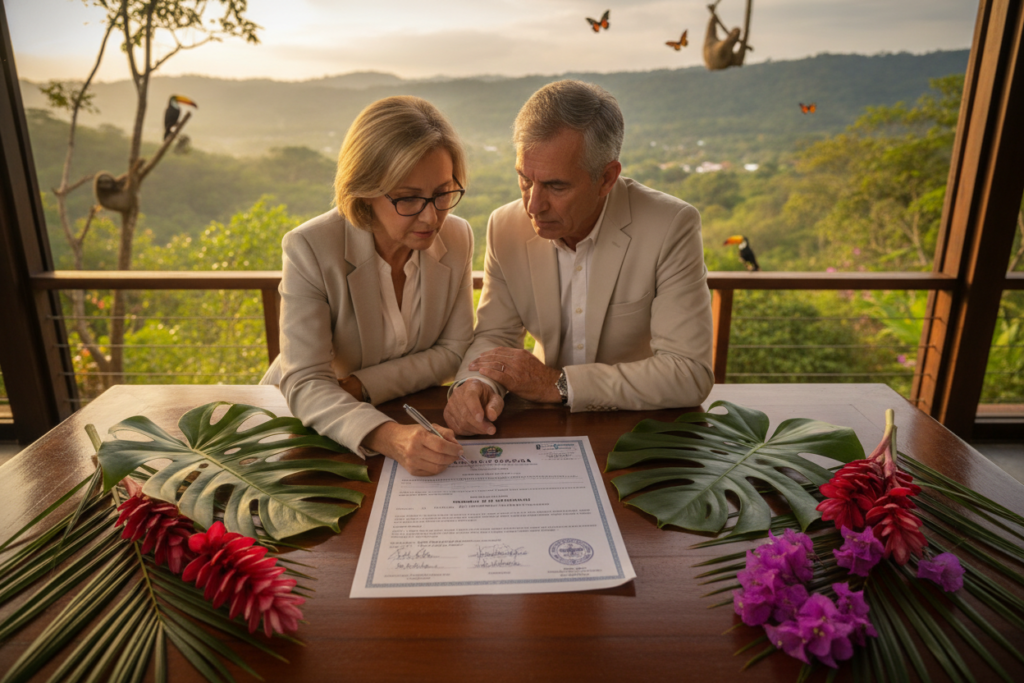 A photorealistic scene depicting the significance of birth certificates in residency categories, set in a serene Costa Rican environment. In the foreground, a close-up of a birth certificate on a wooden table, with lush green foliage and tropical flowers framing it on either side. In the middle ground, a mature couple dressed in business attire reviews the document, expressing focus and determination. Behind them, a softly blurred view of Costa Rica’s picturesque hills and vibrant wildlife under natural sunlight, creating a warm and inviting atmosphere. The angle is slightly elevated to capture the interaction while maintaining the beauty of the surrounding nature. The scene conveys a sense of responsibility and clarity, emphasizing the role of documentation in the residency process.
