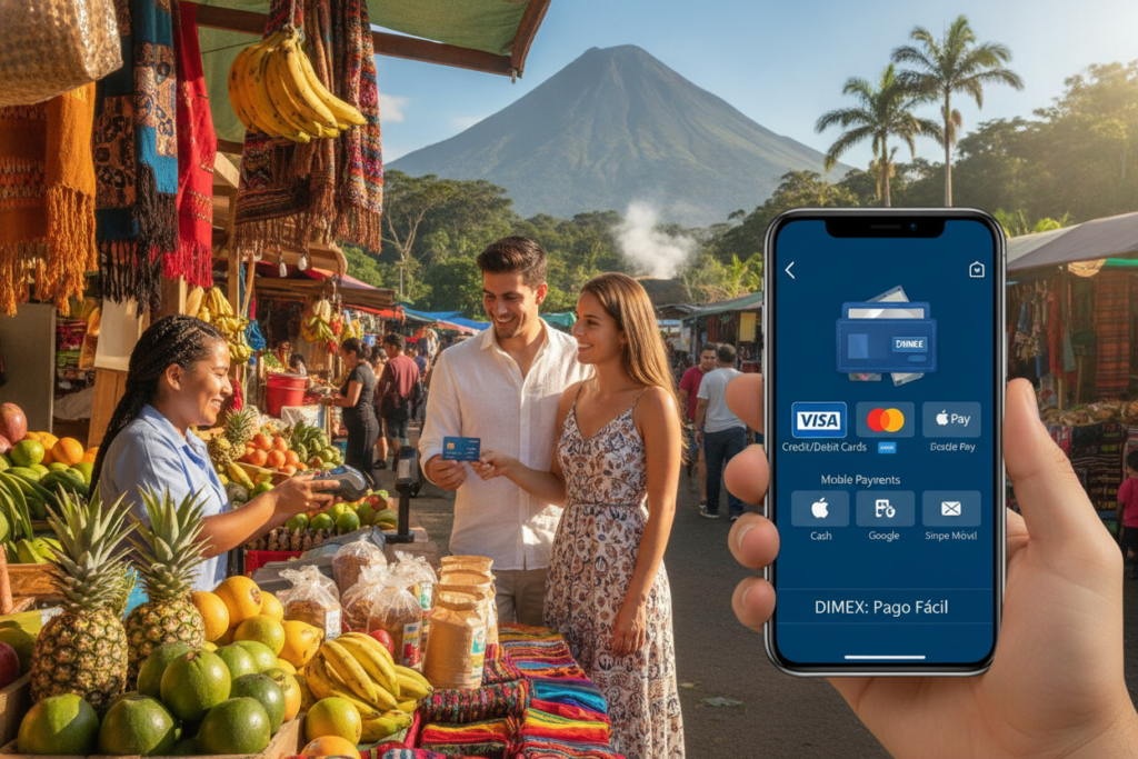 A photorealistic scene depicting various payment methods for a DIMEX card in Costa Rica. In the foreground, include a sleek modern smartphone displaying a digital wallet app, with icons for credit cards, mobile payments, and cash. In the middle, feature a casually dressed young couple using a DIMEX card with a cashier at a vibrant local market, surrounded by colorful goods. The background showcases a sunny Costa Rican landscape, with lush greenery and the iconic Arenal Volcano, under bright blue skies. Present soft, natural lighting to create an inviting atmosphere, with a slight depth of field to enhance focus on the payment methods. The scene should convey a feeling of accessibility and convenience in financial transactions.