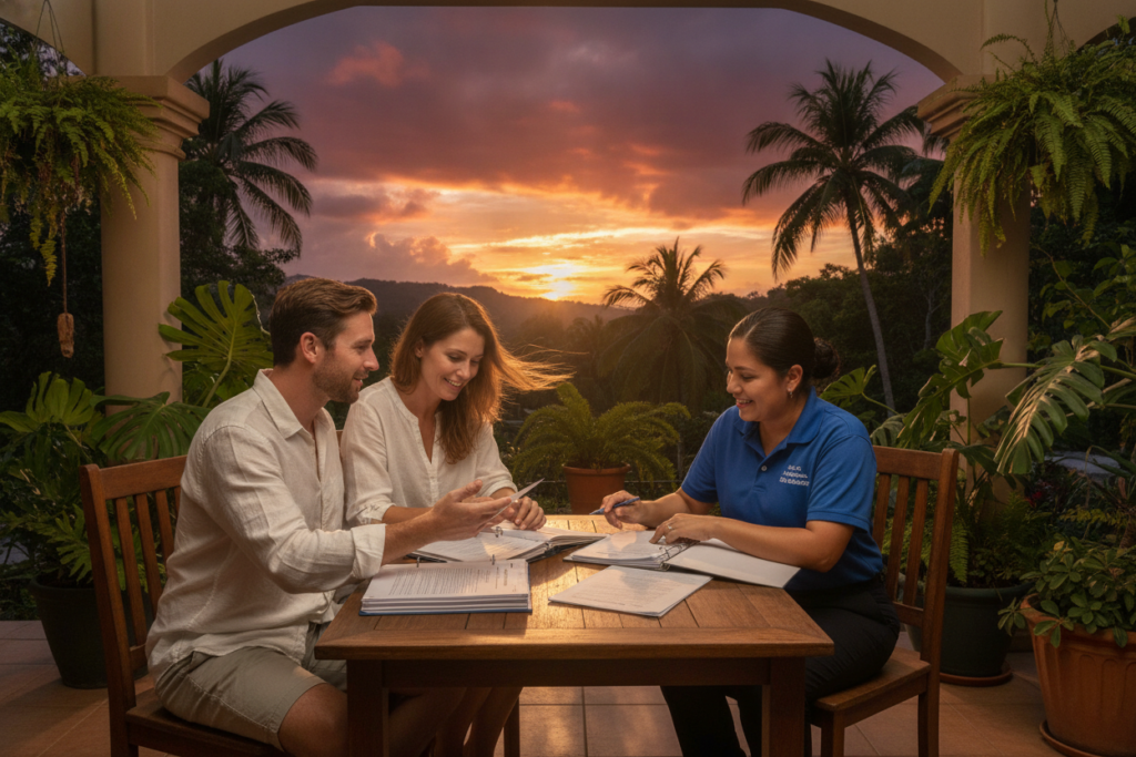A photorealistic scene in an inviting Costa Rican landscape depicting the transition from a tourist visa to residency status. In the foreground, a casually dressed American couple reviews paperwork at a patio table surrounded by lush greenery, with potted tropical plants and a gentle breeze ruffling their documents. The middle ground features a friendly local immigration officer giving them guidance, seated across from them. In the background, a picturesque view of palm trees and a vibrant sunset casts warm, natural light, enhancing the hopeful atmosphere. The image captures a sense of trust and transition, emphasizing a journey from temporary travel to new beginnings in Costa Rica. The scene is well-composed, with a warm color palette and soft focus on the distant landscape.
