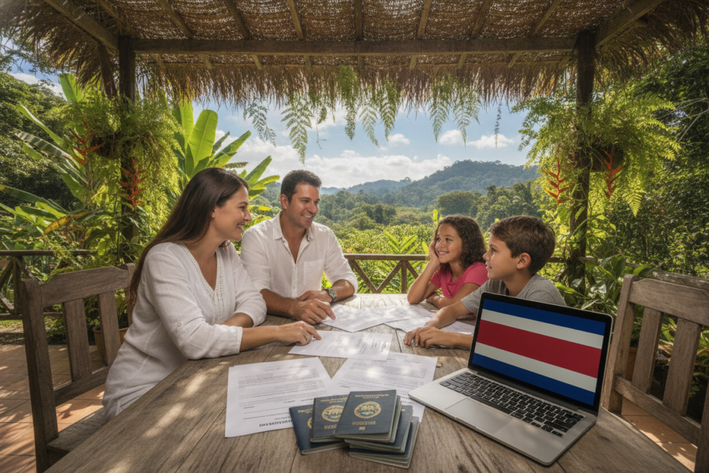A photorealistic scene of a family gathered around a wooden table outdoors in a beautiful Costa Rica setting, surrounded by lush greenery and tropical plants. In the foreground, a stack of important documents, such as passports and official forms, are neatly arranged beside a laptop displaying the Costa Rica flag. The family, casually dressed and smiling, includes parents and children discussing the requirements for residency, evoking a sense of hope and unity. The mid-ground features a light-filled canopy with dappled sunlight filtering through the leaves, enhancing the warm, inviting atmosphere. The background shows a glimpse of the vibrant Costa Rican landscape, with rolling hills and a clear blue sky. Shot with a soft focus for a serene, optimistic vibe.