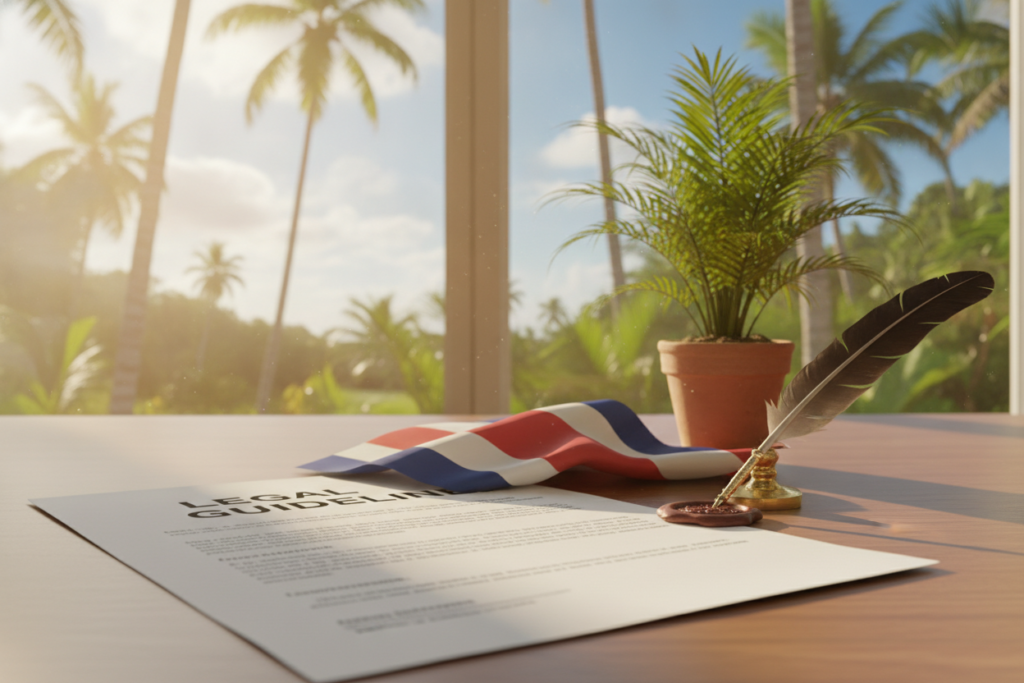 A photorealistic scene representing legal guidelines for name mismatches in Costa Rica residency documents. In the foreground, an official-looking document titled "Legal Guidelines" partially visible on a wooden desk with a tropical plant nearby. The middle ground shows a Costa Rican flag subtly draped and an elegant quill pen resting beside the document, symbolizing authority and legality. In the background, a warm, natural light filters through a window, illuminating a lush tropical landscape outside, featuring palm trees and a vibrant blue sky, enhancing the serene atmosphere. The composition conveys professionalism and clarity, ideal for showcasing legal documents in a tropical setting without any text or logos. A photorealistic scene representing legal guidelines for name mismatches in Costa Rica residency documents. In the foreground, an official-looking document titled "Legal Guidelines" partially visible on a wooden desk with a tropical plant nearby. The middle ground shows a Costa Rican flag subtly draped and an elegant quill pen resting beside the document, symbolizing authority and legality. In the background, a warm, natural light filters through a window, illuminating a lush tropical landscape outside, featuring palm trees and a vibrant blue sky, enhancing the serene atmosphere. The composition conveys professionalism and clarity, ideal for showcasing legal documents in a tropical setting without any text or logos.