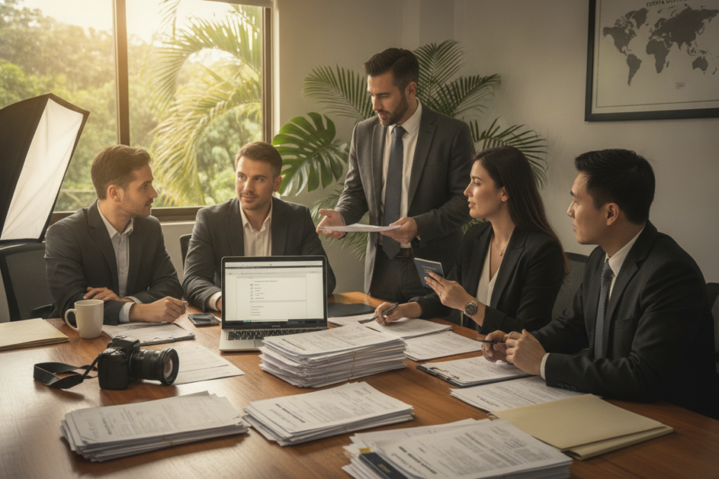 A photorealistic scene set in Costa Rica, depicting a professional workspace dedicated to immigration document preparation. In the foreground, a table cluttered with neatly organized immigration paperwork and a digital camera for photo requirements. In the middle ground, a multicultural group of individuals dressed in professional business attire, attentively discussing the documents, showcasing collaboration and expertise. Natural light filters through a nearby window, casting a warm glow on their focused expressions, enhancing the atmosphere of professionalism and diligence. The background features potted tropical plants that subtly indicate the Costa Rican setting, aligning with the immigration theme. The overall mood is one of preparation, trust, and professionalism, making it a compelling visual for the topic.