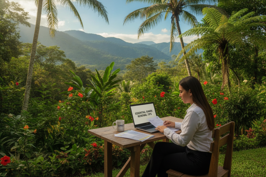 A photorealistic scene set in Costa Rica, depicting a serene outdoor office space surrounded by lush greenery. In the foreground, a professional individual in business attire sits at a wooden table, reviewing essential DIMEX renewal tips on a laptop. Their focused expression conveys determination and resourcefulness. In the middle ground, a tropical environment features vibrant plants and sunlight filtering through palm leaves, creating a calming atmosphere. A coffee cup rests beside the laptop, highlighting a casual yet professional mood. In the background, distant mountains and blue skies add depth, while soft, natural lighting enhances the tranquility of the scene, emphasizing the importance of being prepared for a smooth DIMEX renewal process.
