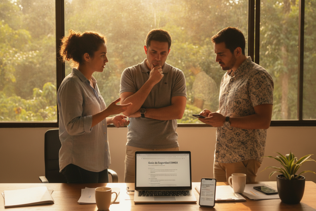A photorealistic scene set in a sunny Costa Rican office environment, depicting a calm, professional atmosphere. In the foreground, a diverse group of three individuals—one woman and two men—are discussing immediate actions to take after losing a DIMEX card. They are dressed in smart casual attire, with focused expressions. The middle layer features a cluttered desk with a laptop open to a digital guide about DIMEX card security, alongside a phone displaying emergency contact information. In the background, a large window reveals lush greenery outside, flooding the space with natural light. The overall mood is one of urgency blended with professionalism, capturing a moment of action and problem-solving. The image should have a wide-angle lens perspective to encompass the entire scene.