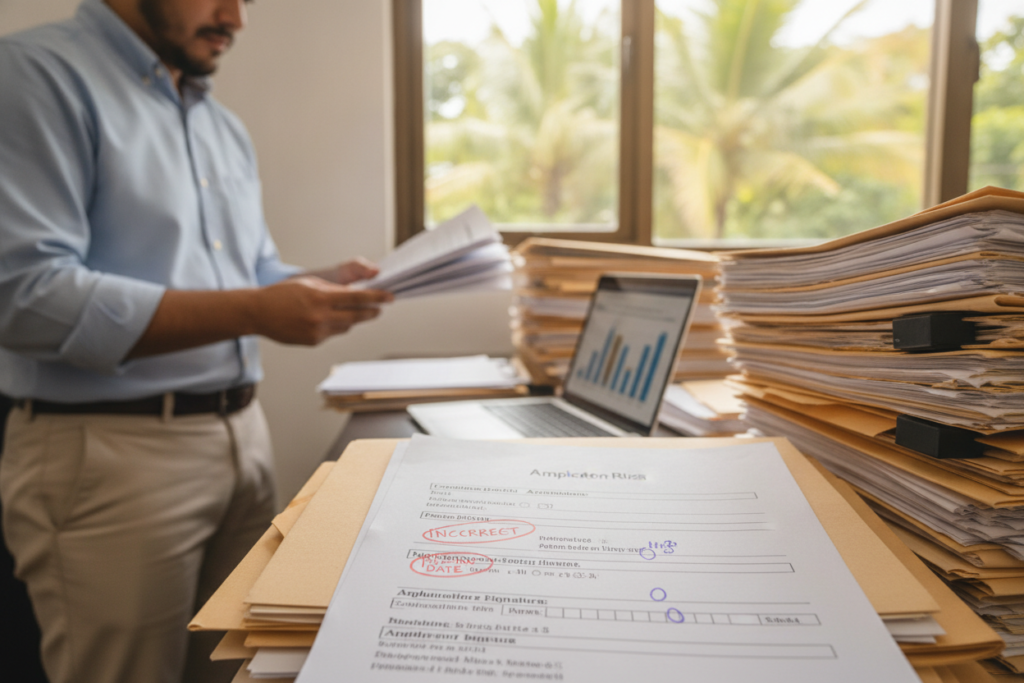 A photorealistic scene set in a vibrant Costa Rican office, showcasing an organized desk cluttered with various documents related to residency applications. In the foreground, a detailed close-up of a rejected application form with red marks highlighting common mistakes, such as incorrect dates and missing signatures. In the middle ground, a professional individual, casually dressed in a neat shirt and slacks, examines paperwork with a focused expression, surrounded by stacks of folders and an open laptop with charts. The background features a bright window with tropical plants, allowing natural light to flood the space, creating an atmosphere of urgency and importance. Lens focal point emphasizes the desk, with a soft bokeh effect on the background, enhancing the viewer's attention on the documentation.