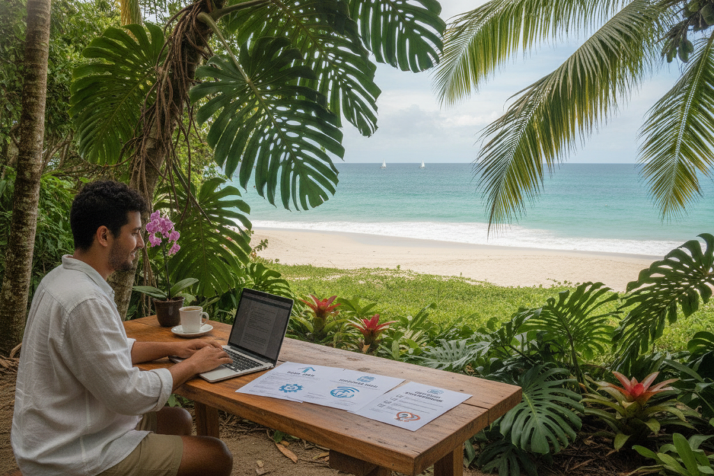 A photorealistic scene set in lush Costa Rica, showcasing a tranquil outdoor workspace to embody the theme of work permits and digital nomad visas. In the foreground, a person casually dressed in comfortable clothing is seated at a rustic wooden desk with a laptop, focused on their work. On the desk, there are documents labeled with icons representing different work permit options and digital nomad visas, indicating a comparison process. In the middle ground, vibrant tropical plants and palm trees frame the scene, along with a glimpse of a serene beach in the background. Natural light pours in softly, casting gentle shadows, creating a calm and inviting atmosphere that reflects both professionalism and the relaxed lifestyle of a digital nomad. The angle captures both the workspace and the scenic beauty of Costa Rica.