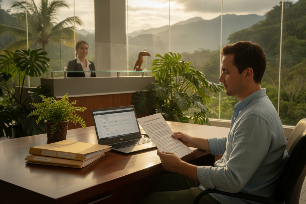 A photorealistic scene set inside a Costa Rican embassy office, focusing on a wooden desk with neatly organized folders and a laptop displaying a U.S. visa application. In the foreground, a person in modest casual clothing, such as a light shirt and comfortable pants, is reviewing interview guidelines on a document with a focused expression. The middle ground features a professional receptionist area, subtly decorated with local plants. The background includes a large window showcasing lush, green Costa Rican scenery with natural sunlight filtering through, creating a warm and inviting atmosphere. The overall mood is calm and professional, conveying a sense of preparedness and clarity for the interview and appointment day procedures.