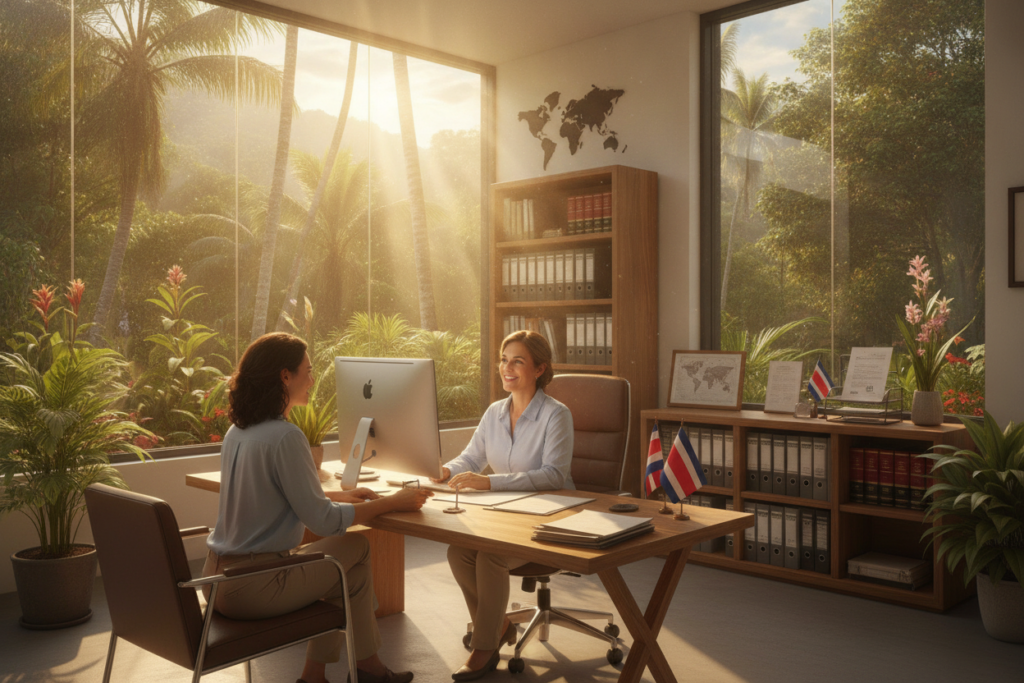 A photorealistic scene showcasing a Costa Rica immigration legal services office. In the foreground, a friendly legal expert, casually dressed in business casual attire, sits at a modern desk, engaging with a focused client. The middle ground features a well-organized workspace with immigration documents and Costa Rica flags subtly displayed. The background captures lush greenery visible through large windows, reflecting Costa Rica’s vibrant natural beauty, with bright sunlight streaming in, creating a warm and welcoming atmosphere. The image is crisp and clear, shot from a slightly elevated angle to capture depth and dimension, emphasizing professionalism and approachability in an immigration consultation setting. A photorealistic scene showcasing a Costa Rica immigration legal services office. In the foreground, a friendly legal expert, casually dressed in business casual attire, sits at a modern desk, engaging with a focused client. The middle ground features a well-organized workspace with immigration documents and Costa Rica flags subtly displayed. The background captures lush greenery visible through large windows, reflecting Costa Rica’s vibrant natural beauty, with bright sunlight streaming in, creating a warm and welcoming atmosphere. The image is crisp and clear, shot from a slightly elevated angle to capture depth and dimension, emphasizing professionalism and approachability in an immigration consultation setting.