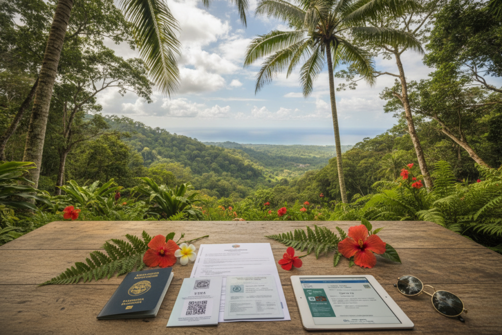 A photorealistic scene showcasing the entry requirements for Costa Rica, set in a serene tropical environment. In the foreground, a neatly arranged set of essential documents such as a passport, visa, and vaccination certificates, laid out on a wooden table surrounded by lush greenery. In the middle, soft natural light filters through palm trees, casting gentle shadows over the documents. In the background, a picturesque view of Costa Rica’s vibrant landscape, featuring rolling hills and a bright blue sky dotted with fluffy white clouds. The atmosphere is calm and inviting, reflecting the ease of preparing for travel. The scene is devoid of people, focusing solely on the documents and the idyllic surroundings.