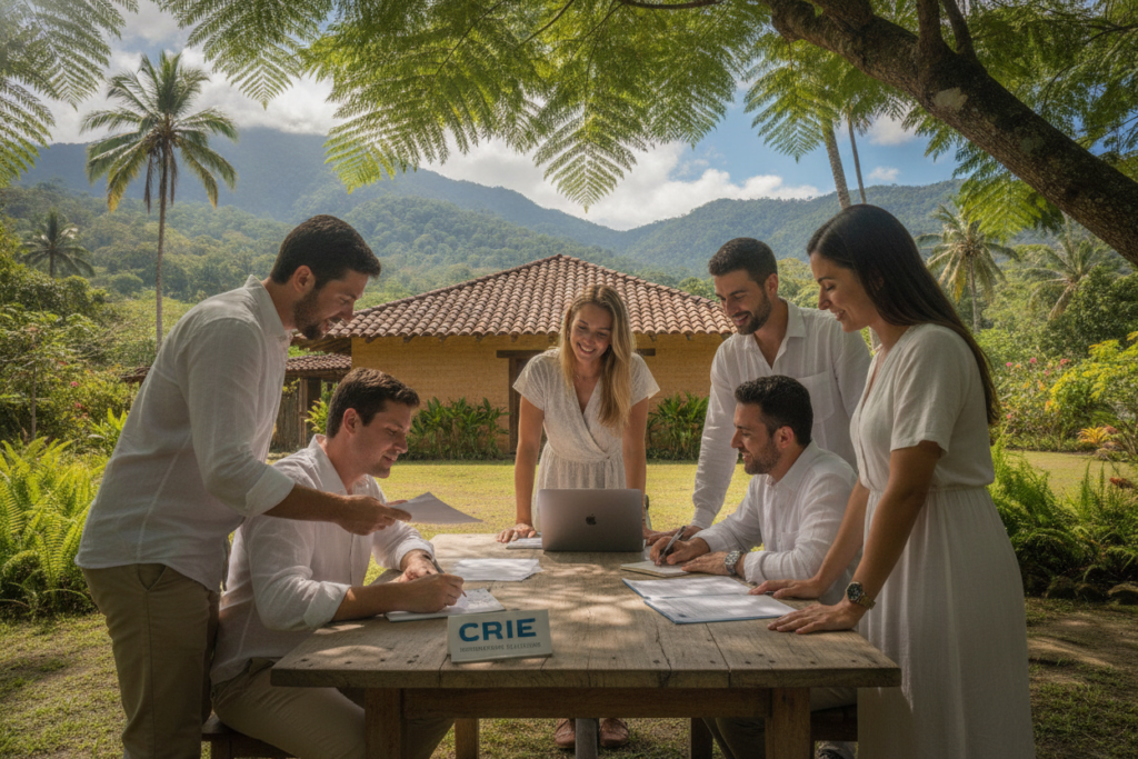 A photorealistic scene showcasing the expertise of CRIE in immigration processes, set against a lush Costa Rican backdrop. In the foreground, a diverse group of professionals in modest, casual business attire is engaged in a discussion, reviewing documents and a laptop on a wooden table. One individual points to a checklist while another takes notes, illustrating teamwork. The middle ground features greenery and a hint of Costa Rican architecture, with gentle sunlight filtering through the leaves, creating dappled light on their faces. The background is a serene landscape of mountains and palm trees under a clear blue sky, evoking a sense of tranquility and clarity. The mood is collaborative and supportive, reflecting trust and guidance in navigating immigration processes.