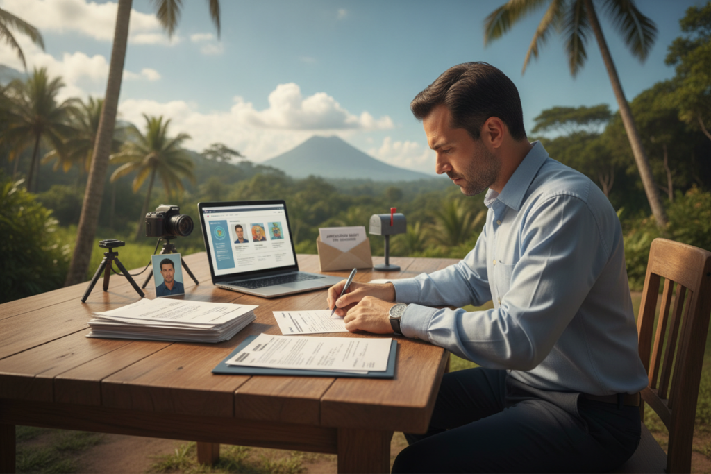 A photorealistic step-by-step guide illustration for renewing a passport, set in a vibrant Costa Rica environment. In the foreground, a professional individual in modest business attire sits at a wooden table, focused on filling out a passport renewal application. In the middle, various documents and a laptop are neatly arranged, showcasing key steps: gathering documents, taking a passport photo, and submitting the application. In the background, a lush tropical landscape with palm trees and a blue sky captures the essence of Costa Rica. Soft natural lighting enhances the scene, with a slight depth of field that emphasizes the individual and their work, creating an atmosphere of professionalism and focus. The image is free from any text or additional elements.