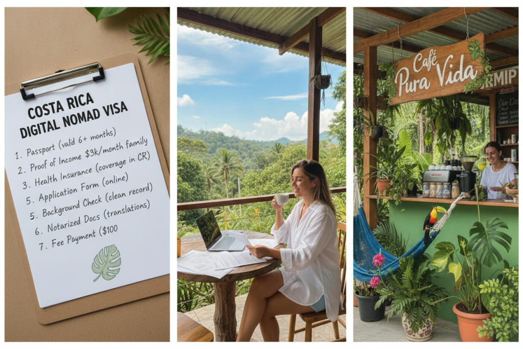 A photorealistic, step-by-step guide illustration of the Costa Rica Digital Nomad Visa application process. In the foreground, display a close-up view of a detailed checklist with items like "Passport," "Proof of Income," and "Health Insurance" neatly organized. In the middle, depict a serene Costa Rican backdrop, featuring lush greenery and a clear blue sky, with a relaxed individual casually dressed in light, breathable clothing, reviewing their documents. The background should include iconic Costa Rican elements, such as tropical plants and a glimpse of a welcoming coffee shop. Utilize natural lighting to create an inviting atmosphere, capturing the essence of a vibrant, laid-back landscape. The overall mood should be positive and encouraging, reflecting a smooth application journey.