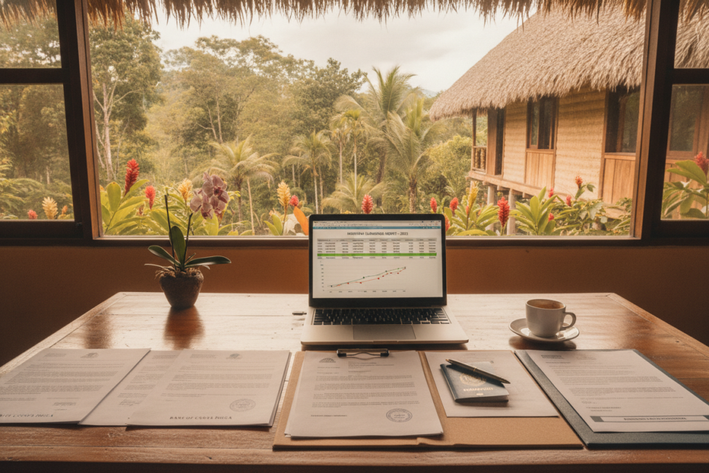 A photorealistic workspace in Costa Rica reflecting the theme of "Proof of Income for Residency." In the foreground, a neatly organized desk features official documents including bank statements and income letters, symbolizing financial stability. Middle ground includes a laptop displaying financial data, and a serene view of Costa Rican scenery through a large window, showcasing lush greenery and tropical flowers. The background features rustic architecture with a thatched roof typical of Costa Rican homes. The scene is illuminated with warm, natural light, enhancing the inviting atmosphere. Capture this from a slightly elevated angle, providing a comprehensive view of the desk and the picturesque landscape outside. The overall mood is professional yet cozy, ideal for discussing income requirements.