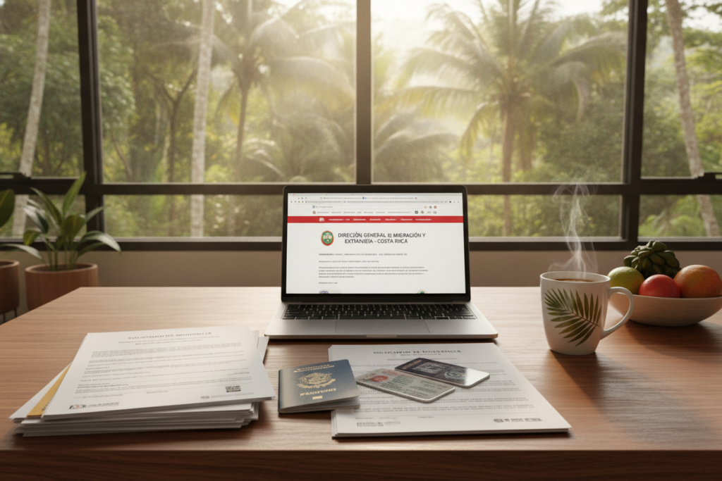 A photorealistic workspace scene featuring an array of essential documents for a residency application in Costa Rica. In the foreground, a neatly arranged stack of documents including application forms, identification papers, and proof of income, all placed on a wooden desk. A laptop is open, displaying a Costa Rican government website. In the middle, a cup of coffee sits beside the documents, adding a touch of warmth. In the background, a large window reveals the lush green landscape of Costa Rica, with natural light streaming in, creating a bright and inviting atmosphere. The overall mood is professional yet relaxed, emphasizing the importance of thorough documentation in the residency process.